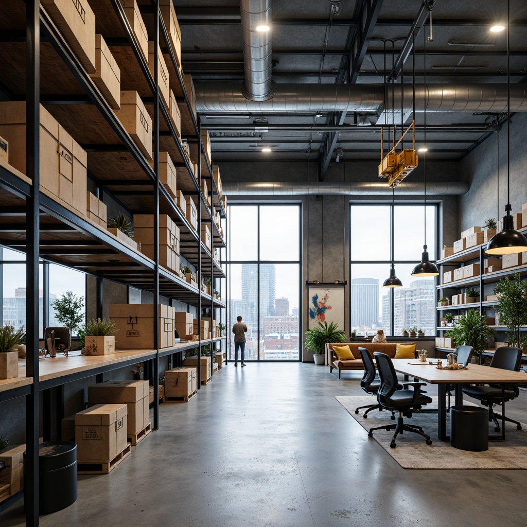 Prompt: Sparse distribution center, industrial backdrop, sleek metal shelves, modern minimalist furniture, monochromatic color scheme, polished concrete floors, exposed ductwork, functional lighting fixtures, compact storage solutions, modular workstations, ergonomic chairs, reclaimed wood accents, natural textiles, subtle branding elements, overhead cranes, loading docks, urban landscape views, cloudy day, soft diffused lighting, shallow depth of field, 2/3 composition, realistic materials, ambient occlusion.