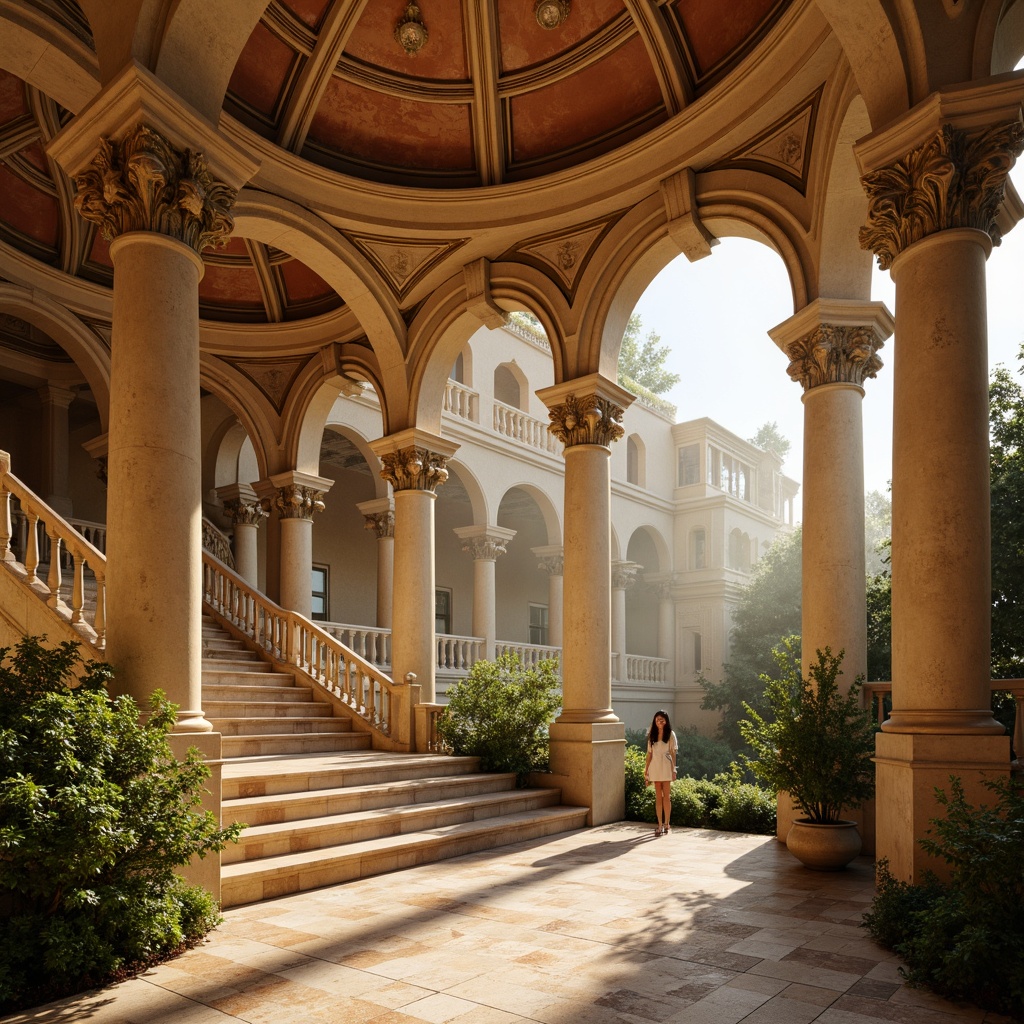 Prompt: Warm beige stone columns, ornate marble carvings, soft golden lighting, rich terracotta hues, muted earthy tones, lush greenery, classic Roman arches, grandiose staircases, intricate mosaics, weathered bronze accents, vintage distressed textures, warm afternoon sunlight, shallow depth of field, 2/3 composition, symmetrical balance, realistic ambiance, subtle atmospheric fog.