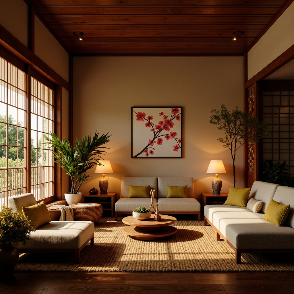 Prompt: Warm Asian-style living room, soft diffused lighting, paper lanterns, table lamps with silk shades, floor lamps with wooden accents, natural fiber rugs, woven bamboo furniture, sliding shoji screens, tatami mats, low-seating sofas, vibrant red and gold accents, intricate carvings, subtle aromas of incense, warm beige walls, dark wood tones, lush green plants, delicate cherry blossom patterns, gentle warm glow, soft box lighting, 1/2 composition, intimate atmosphere.