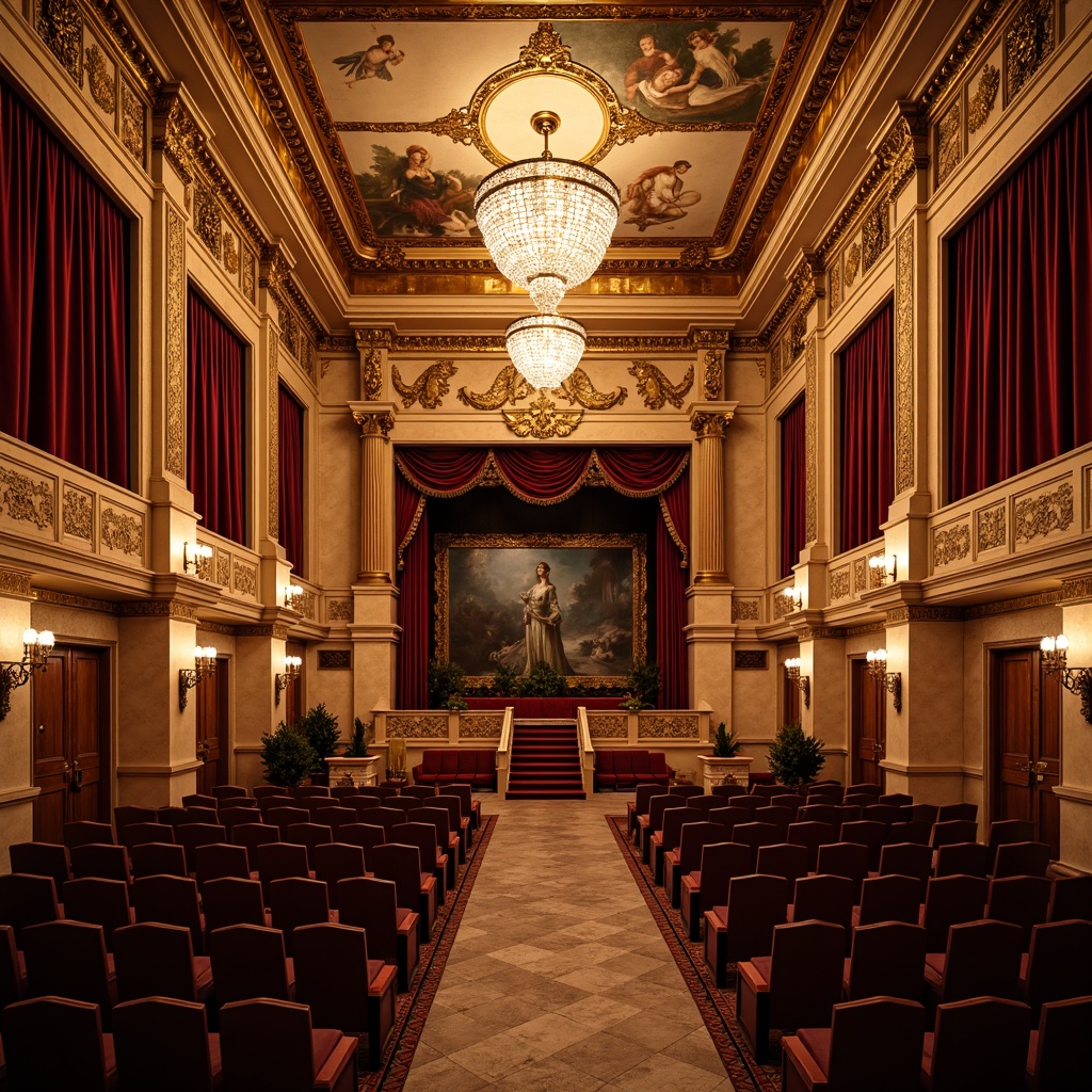 Prompt: \Elegant theater interior, neoclassical style, ornate moldings, grand columns, crystal chandeliers, rich velvet curtains, gilded frames, marble walls, intricate frescoes, soft golden lighting, dramatic spotlights, luxurious fabrics, tufted upholstery, carved wooden accents, symmetrical composition, high ceiling, grand staircase, opulent details, lavish ornamentation.\