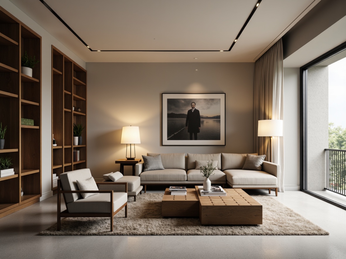 Prompt: Modern living room, minimalist decor, sleek low-profile sofa, tufted ottoman, wooden coffee table, floor lamps, abstract artwork, neutral color palette, soft carpeting, functional shelving units, ergonomic chairs, hidden storage compartments, ambient lighting, 3/4 composition, shallow depth of field, realistic textures, cozy atmosphere.