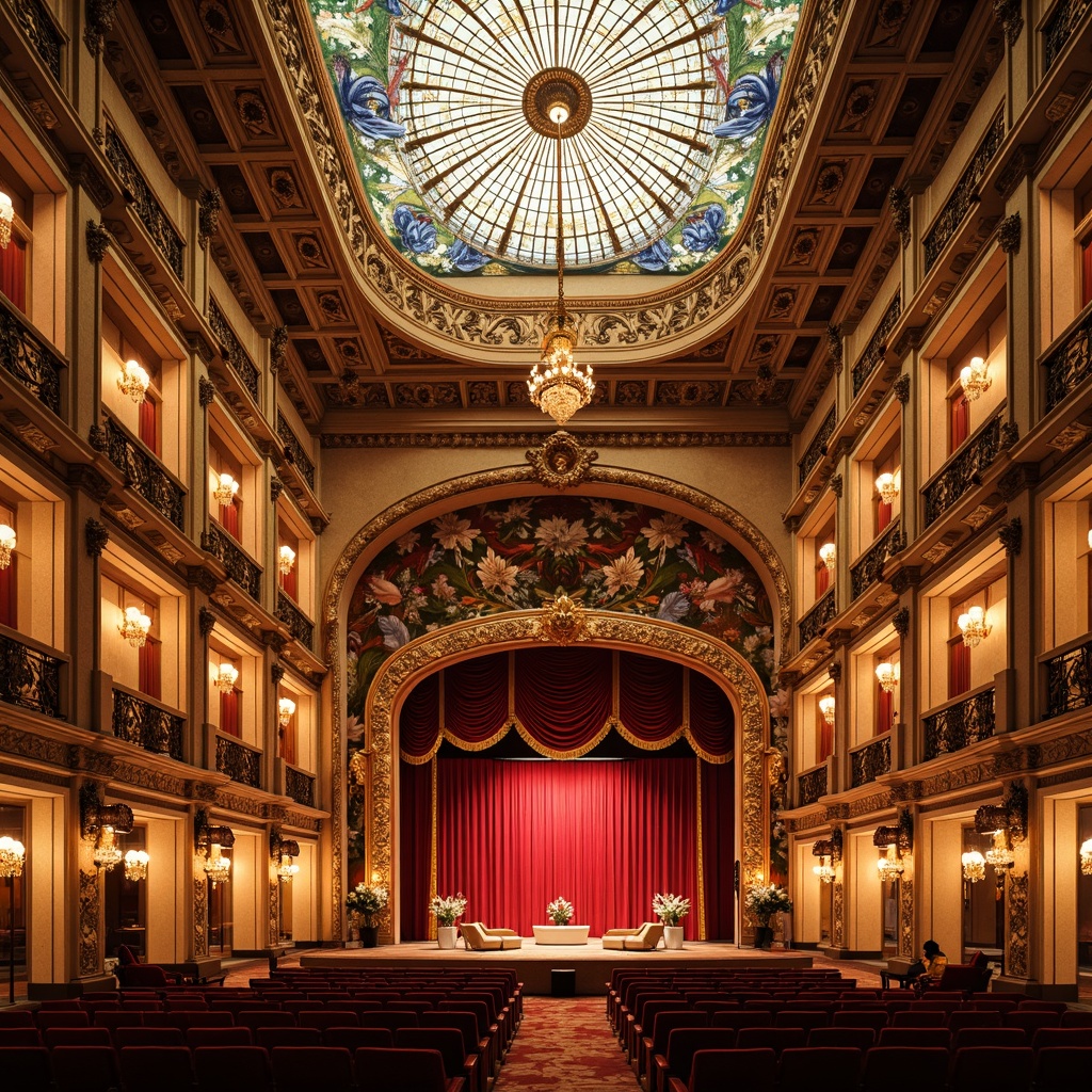 Prompt: Grand opera house, ornate facade, intricate stonework, curved lines, flowing botanical motifs, stained glass ceiling, majestic chandeliers, plush red velvet curtains, gilded balconies, sculpted wooden panels, decorative ironwork, sweeping staircases, dramatic spotlights, warm golden lighting, shallow depth of field, 1/2 composition, symmetrical architecture, opulent interior design, vibrant colorful frescoes, ornate plaster moldings, intricate mosaics, luxurious textiles, dynamic movement, sense of drama and grandeur.