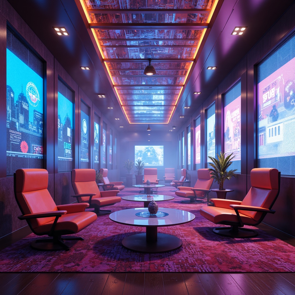 Prompt: Futuristic cinema-inspired furniture, neon-lit surroundings, metallic frames, holographic displays, levitating chairs, spherical coffee tables, translucent glass surfaces, cyberpunk accents, retro-futuristic patterns, bold colorful upholstery, angular geometric shapes, minimalist sleek lines, ambient LED lighting, foggy mist effects, 3D projection mapping, cinematic camera angles, wide-angle lenses, shallow depth of field.