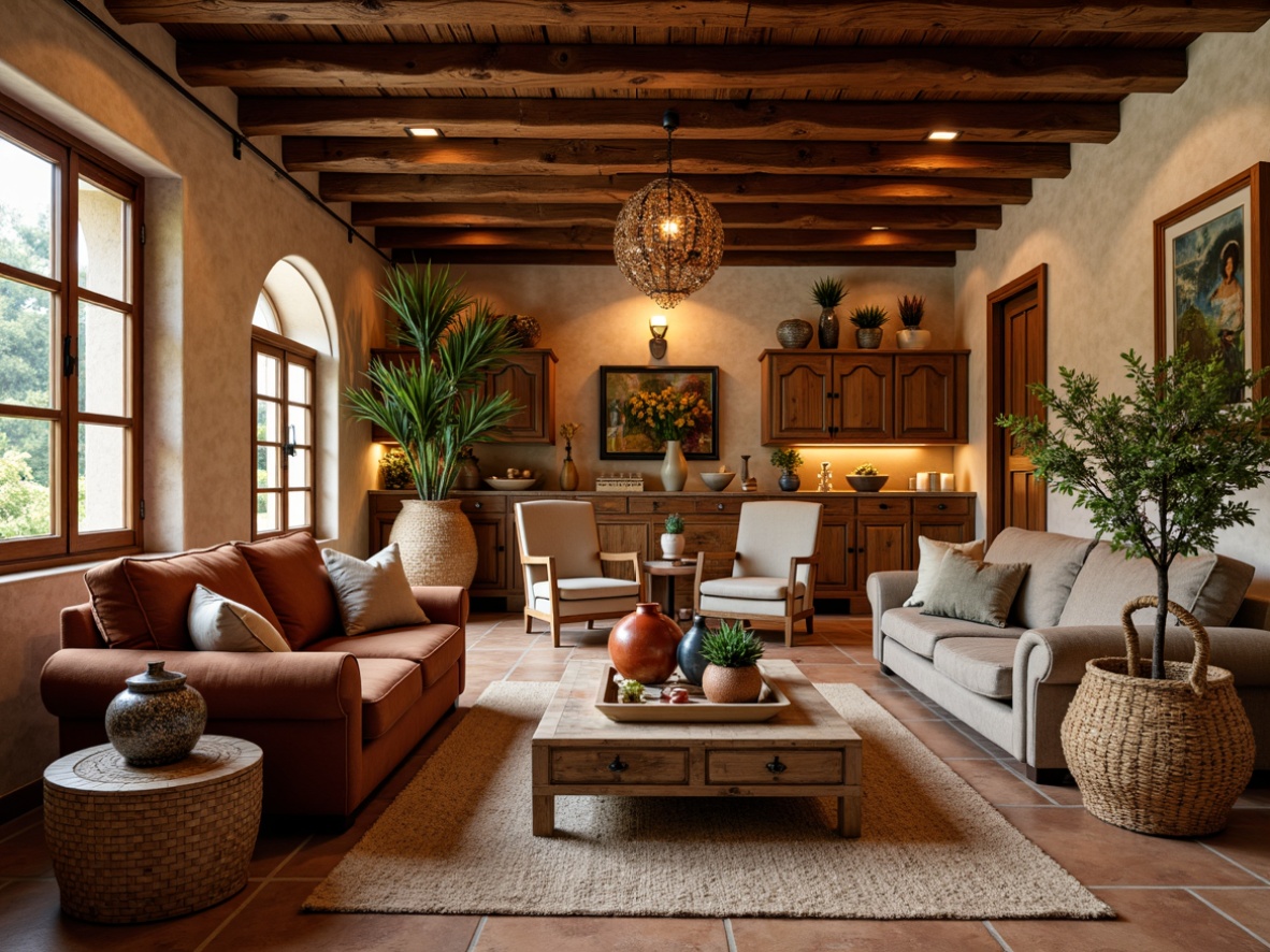 Prompt: Cozy Mediterranean-style basement, warm earthy tones, rustic stone walls, wooden ceiling beams, ornate ironwork, plush velvet sofas, distressed leather armchairs, reclaimed wood coffee tables, woven rattan baskets, colorful ceramic vases, fragrant potted herbs, soft golden lighting, warm beige rugs, natural fiber textiles, vintage Moroccan tiles, eclectic decorative accents, lush greenery, intimate corner nooks, relaxed conversation areas, rustic wooden shelving units, aromatic scented candles.