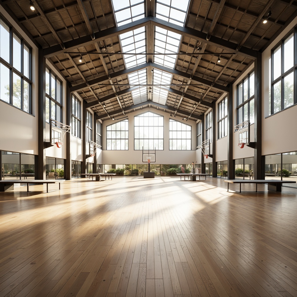 Prompt: Well-lit gymnasium, minimalist design, natural light pouring in, wooden flooring, sleek metal beams, industrial chic atmosphere, modern sports equipment, basketball hoops, tennis tables, mirrors, clean lines, simplicity, functionality, abundant daylight, soft shadows, 1/1 composition, high-contrast lighting, realistic textures, ambient occlusion.