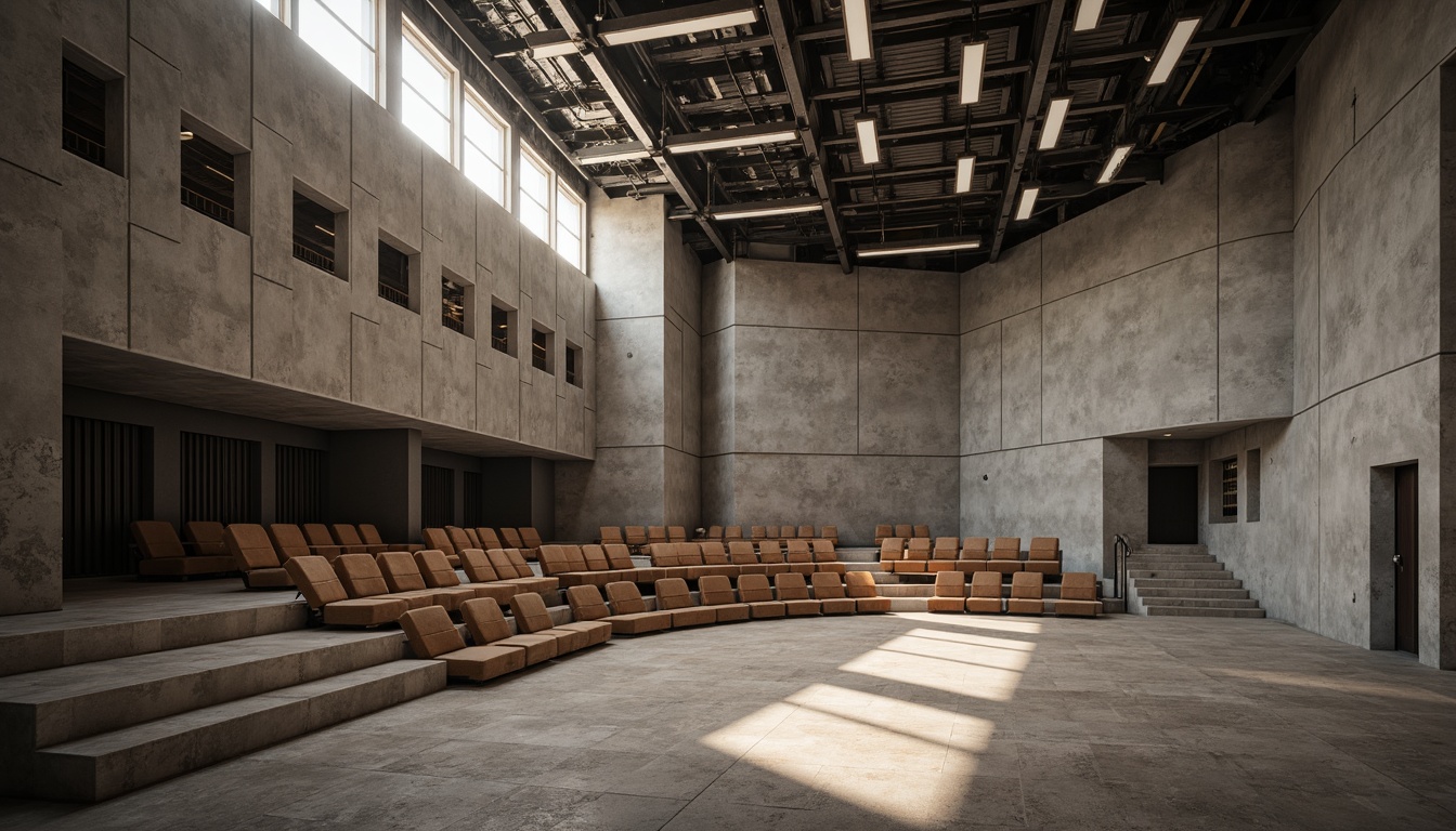 Prompt: Raw concrete walls, exposed ductwork, brutalist architecture, industrial aesthetic, dramatic high ceilings, steel beams, minimalist seating, functional lighting, sound-absorbing panels, acoustic diffusers, tiered platforms, raised stages, curved lines, geometric shapes, natural stone flooring, urban atmosphere, moody ambient lighting, shallow depth of field, 2/3 composition, cinematic view, realistic textures, ambient occlusion.