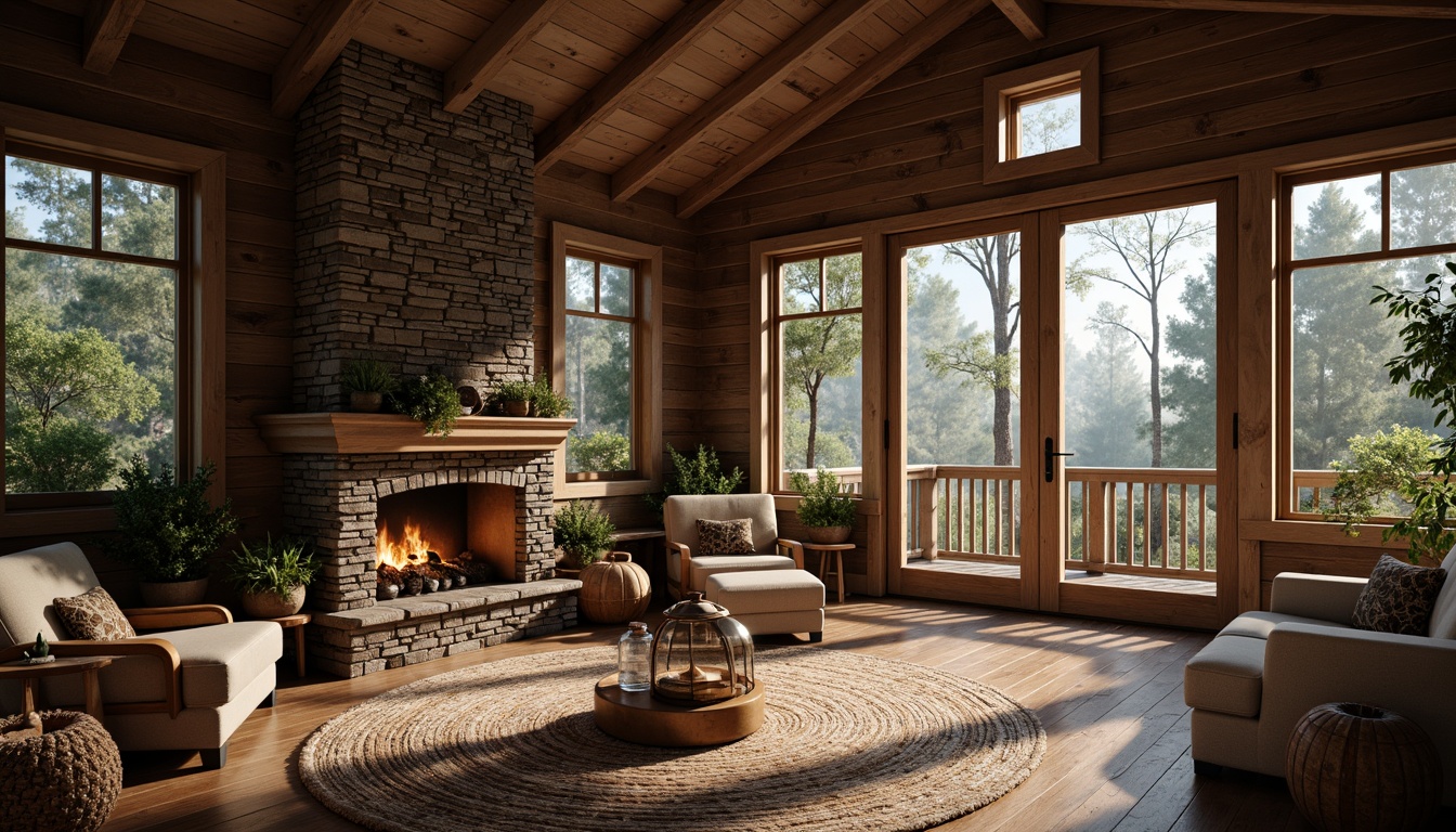 Prompt: Rustic wooden cabin, earthy tone color palette, natural stone walls, reclaimed wood accents, vintage metal decorations, cozy fireplace, plush textiles, woven baskets, distressed finishes, lantern lighting, misty forest surroundings, morning dew, warm sunlight, shallow depth of field, 2/3 composition, realistic textures, ambient occlusion.