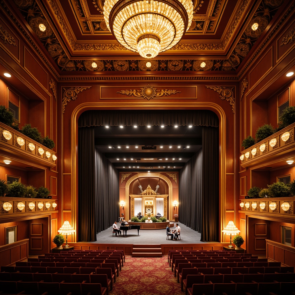 Prompt: Elegant music hall, ornate chandeliers, warm golden lighting, rich wood accents, velvet curtains, plush seating areas, grand pianos, intricate moldings, high ceilings, classic architectural details, softbox lights, LED stage lights, dramatic spotlights, warm color temperatures, low-hanging lamps, cozy nooks, sophisticated ambiance, 1/2 composition, shallow depth of field, realistic textures, ambient occlusion.