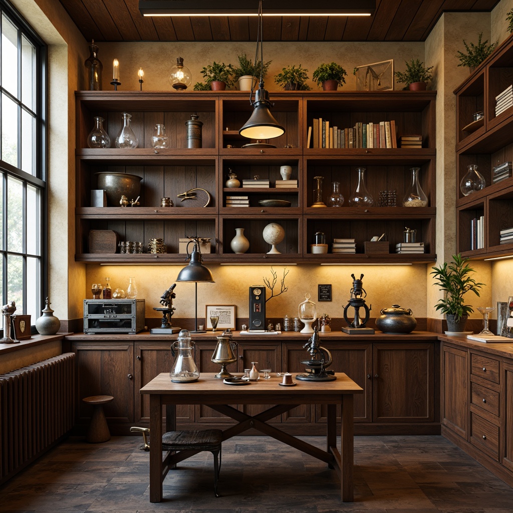 Prompt: Vintage laboratory setting, classic wooden cabinets, antique microscopes, nostalgic beakers, rustic metal shelves, warm beige walls, softbox lighting, pendant lamps, industrial metal shades, Edison bulb fixtures, ornate metalwork details, rich walnut wood tones, leather-bound books, vintage scientific instruments, subtle ambient glow, high-contrast shadows, 1/2 composition, realistic textures, detailed normal maps.