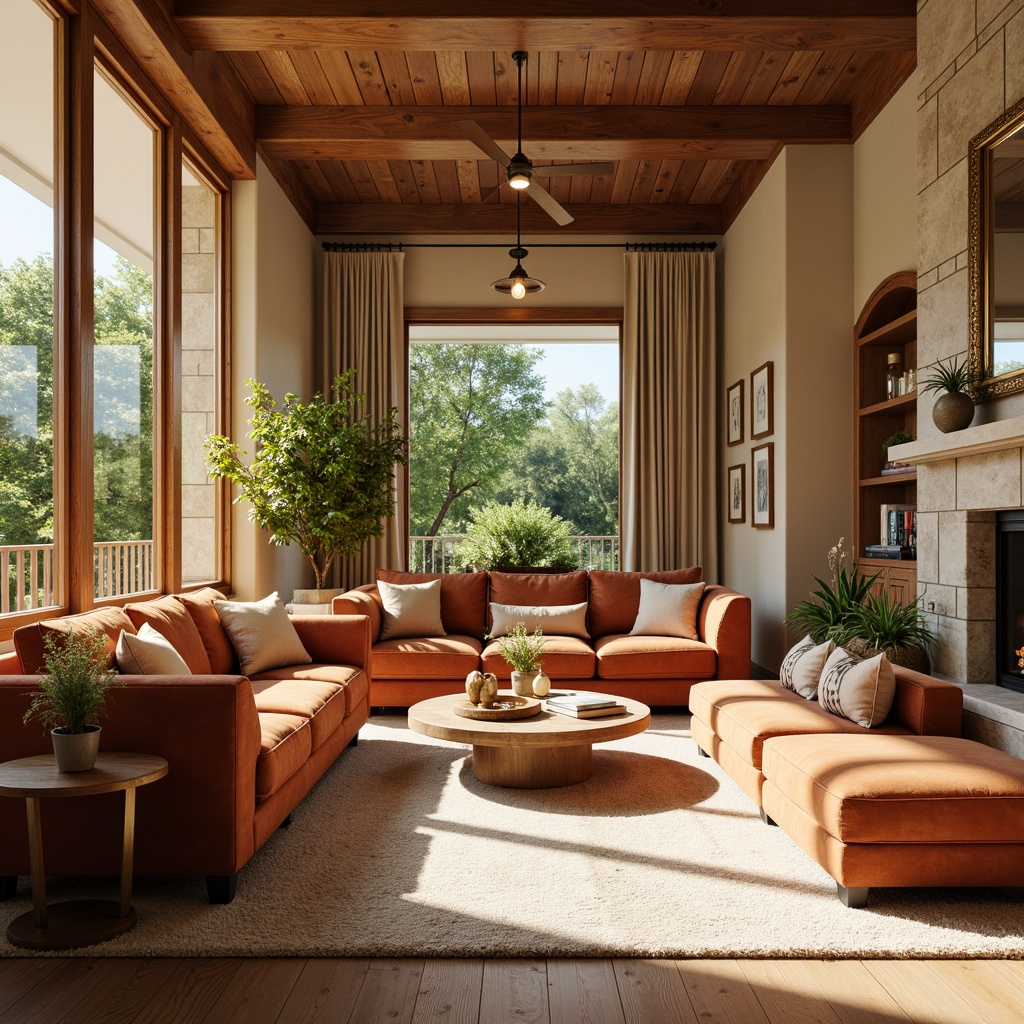 Prompt: Vibrant living room, warm beige walls, rich walnut wood furniture, plush velvet sofas, golden metal accents, soft cream carpets, natural stone fireplace, floor-to-ceiling windows, abundant greenery, warm sunny day, cozy ambiance, soft box lighting, shallow depth of field, 3/4 composition, realistic textures, ambient occlusion.