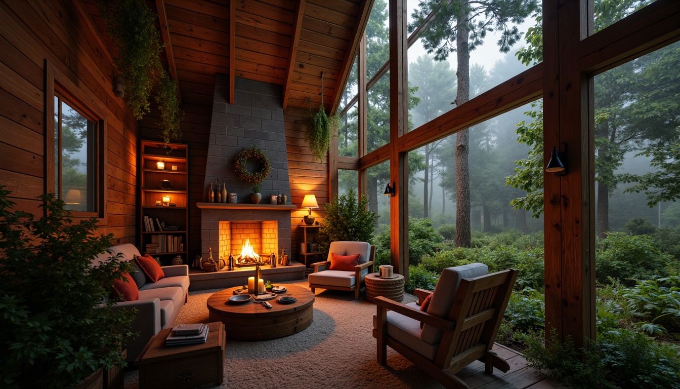 Prompt: Cozy cabin, warm wood tones, soft candlelight, crackling fireplace, rustic wooden beams, plush furniture, vintage decorations, misty forest surroundings, dense foliage, warm color palette, golden hour lighting, shallow depth of field, 1/1 composition, realistic textures, ambient occlusion.