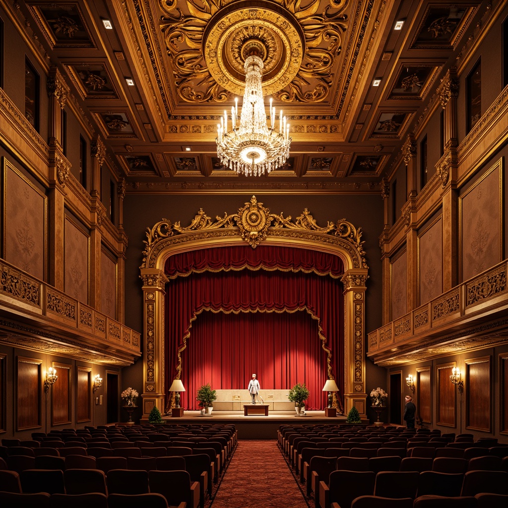 Prompt: Opulent auditorium, Renaissance revival style, grandiose chandeliers, ornate gold leaf details, rich velvet curtains, luxurious fabric wall coverings, intricate carvings, wooden paneling, gilded moldings, Baroque-inspired patterns, soft warm lighting, dramatic spotlighting, 1/2 composition, intimate atmosphere, realistic textures, ambient occlusion.