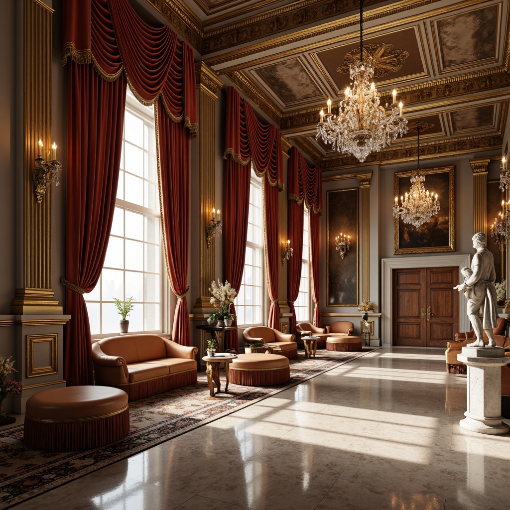 Prompt: Rich velvet drapes, ornate golden frames, lavish silk upholstery, intricate embroidered patterns, luxurious marble floors, grand chandeliers, opulent crystal fixtures, stately columnar architecture, majestic stone statues, serene natural light, soft warm color palette, shallow depth of field, 3/4 composition, realistic textures, ambient occlusion.