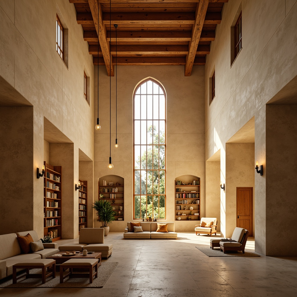 Prompt: Soothing monastery interior, warm golden lighting, soft diffused glow, minimalist decor, natural stone walls, wooden accents, subtle candlelight, peaceful ambiance, calm atmosphere, serene silence, grand high ceilings, large stained glass windows, dramatic vertical space, modern simplicity, elegant lines, cream-colored stucco, rustic wooden beams, cozy reading nooks, warm-toned fabrics, intimate seating areas, softbox lighting, 1/1 composition, realistic textures, ambient occlusion.