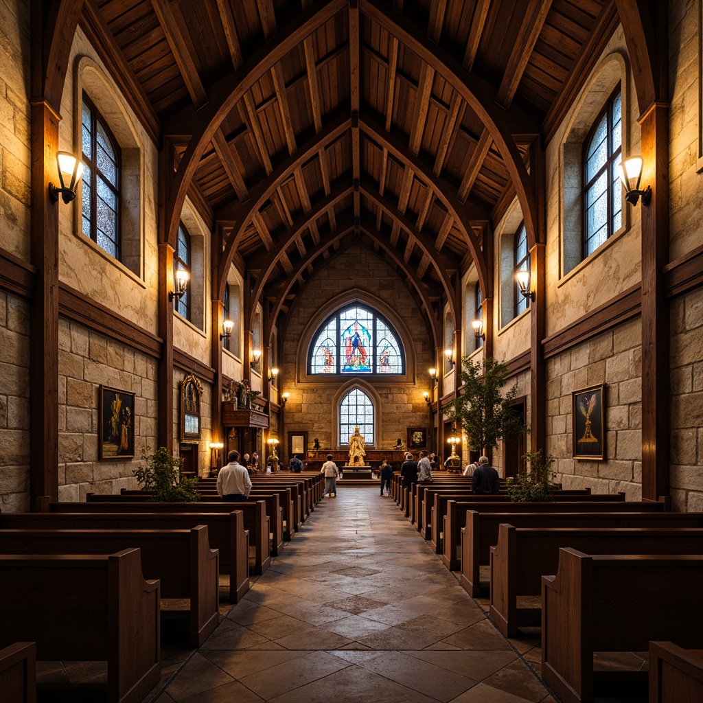 Prompt: Rustic church interior, vaulted ceilings, exposed wooden beams, stone walls, stained glass windows, ornate chandeliers, candlelit ambiance, wooden pews, intricate carvings, medieval architecture, grandiose scale, dramatic lighting, warm earthy tones, natural textures, symmetrical composition, shallow depth of field, 1/2 camera angle, realistic render.