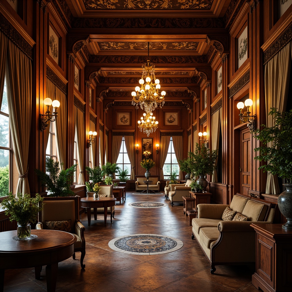 Prompt: Renaissance-inspired interior, ornate furnishings, lavish chandeliers, intricate wood carvings, rich tapestries, dark-stained hardwood floors, polished marble surfaces, ornamental tile inlays, warm golden lighting, soft focus photography, atmospheric depth of field, 2/3 composition, detailed textures, ambient occlusion.