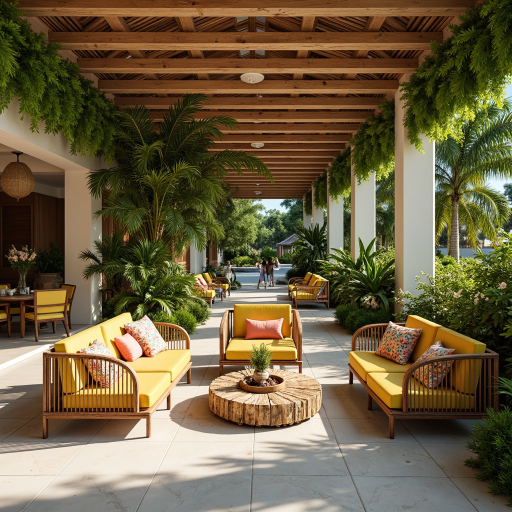 Prompt: Vibrant tropical interior, lush greenery, exotic flowers, warm natural wood tones, rattan furniture, colorful woven textiles, coral-inspired accents, sunny yellow hues, calming blue shades, creamy white marble, subtle golden metallic, soft ambient lighting, shallow depth of field, 2/3 composition, panoramic view, realistic textures, ambient occlusion.