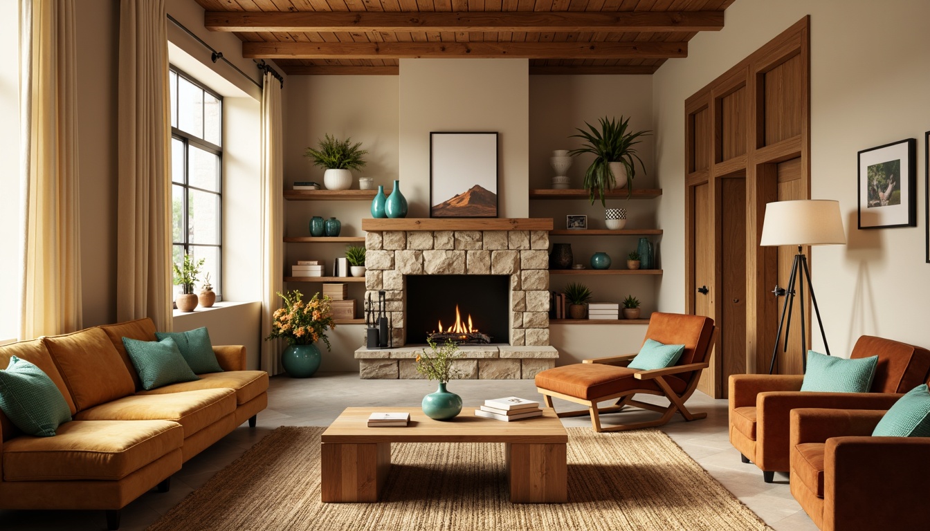 Prompt: Cozy living room, warm beige walls, plush velvet sofas, golden wooden accents, rustic stone fireplace, soft cream-colored curtains, rich brown leather armchairs, vibrant turquoise vases, natural jute rugs, modern minimalist coffee table, sleek metal lamp fixtures, warm ambient lighting, shallow depth of field, 1/1 composition, realistic textures, ambient occlusion.