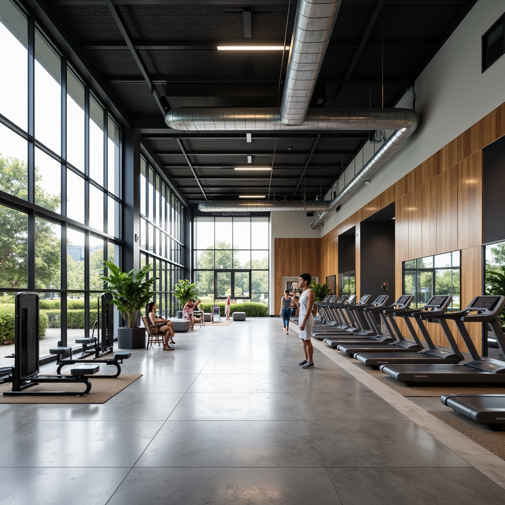 Prompt: Modern gymnasium, minimalist architecture, clean lines, industrial materials, polished concrete floors, metal beams, exposed ductwork, large windows, natural light, open spaces, functional layout, mirrored walls, professional sports equipment, free weights, treadmills, exercise machines, wooden accents, neutral color palette, soft ambient lighting, shallow depth of field, 1/1 composition, realistic textures, subtle reflections.