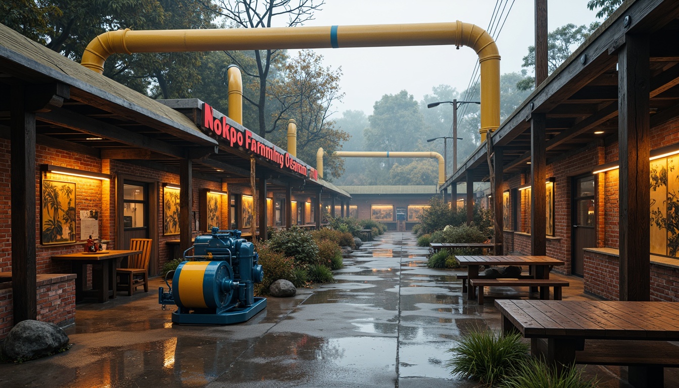 Prompt: Rustic zoo enclosures, weathered steel beams, distressed wood planks, exposed brick walls, industrial metal roofs, vibrant color accents, bold yellow pipes, deep blue machinery, bright red signage, urban cityscape, concrete jungle floors, artificial rock formations, misty atmospheric effects, soft warm lighting, shallow depth of field, 3/4 composition, panoramic view, realistic textures, ambient occlusion.