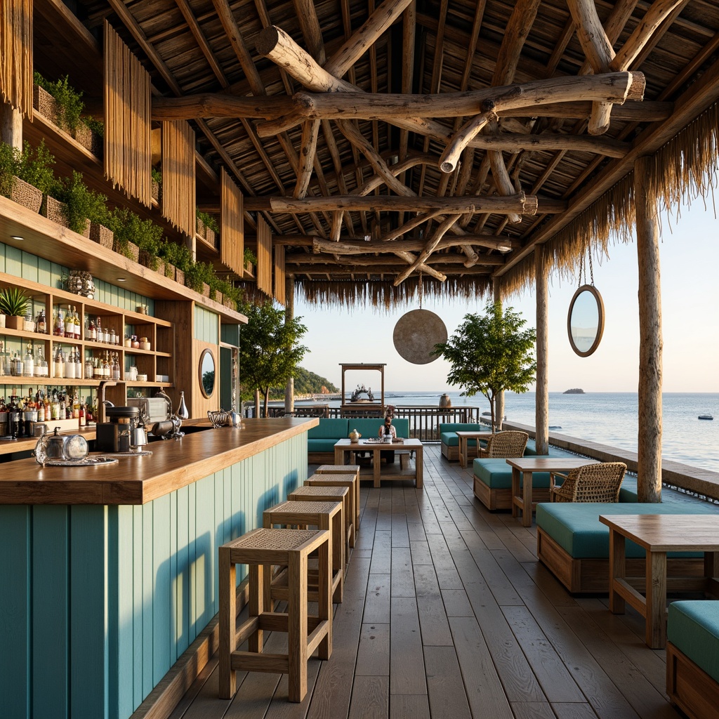 Prompt: Driftwood-accented bar, ocean-inspired decor, weathered wooden furniture, nautical ropes, glass tabletops, reclaimed wood accents, comfy cushioned sofas, rustic metal frames, soft blue-green color palette, natural textiles, woven sea grass patterns, porthole-style mirrors, lantern-shaped lighting, beachy vibe, relaxed ambiance, warm golden lighting, shallow depth of field, 1/1 composition, realistic wood grain textures.