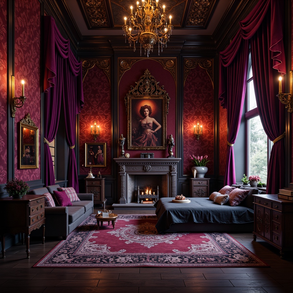 Prompt: Richly patterned velvet drapes, mysterious dark wood furniture, ornate metal accents, grandiose chandeliers, lavish crimson red walls, mystical purple hues, intricate stone carvings, eerie candlelight, opulent gold leaf details, dramatic high ceilings, ominous shadows, luxurious black silk bedding, regal purple curtains, medieval-inspired tapestries, mysterious secret compartments, ancient tomes, cryptic symbols, eerie misty atmosphere, warm softbox lighting, cinematic composition, realistic textures, ambient occlusion.