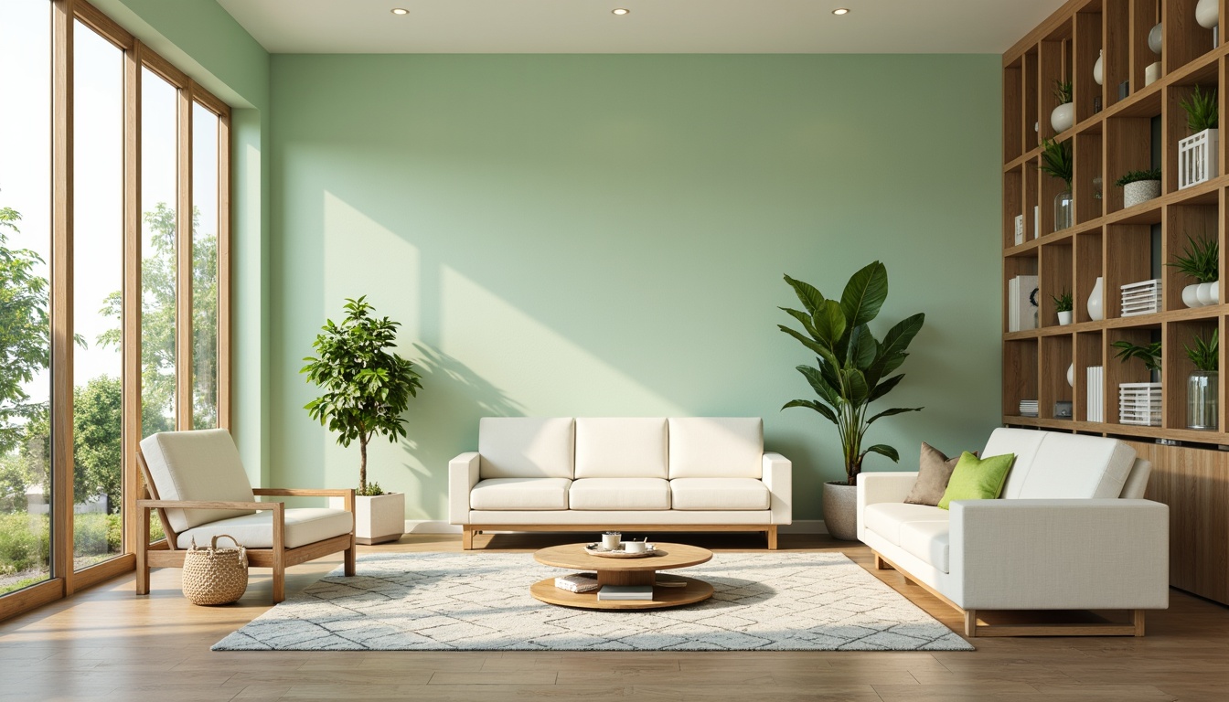 Prompt: Pastel-hued modern interior, light green accent walls, natural wood furniture, creamy white sofas, geometric patterned rugs, lush greenery, floor-to-ceiling windows, warm soft lighting, shallow depth of field, 1/1 composition, realistic textures, ambient occlusion, calming atmosphere, refreshing ambiance, serene decorative accents, elegant minimalism.