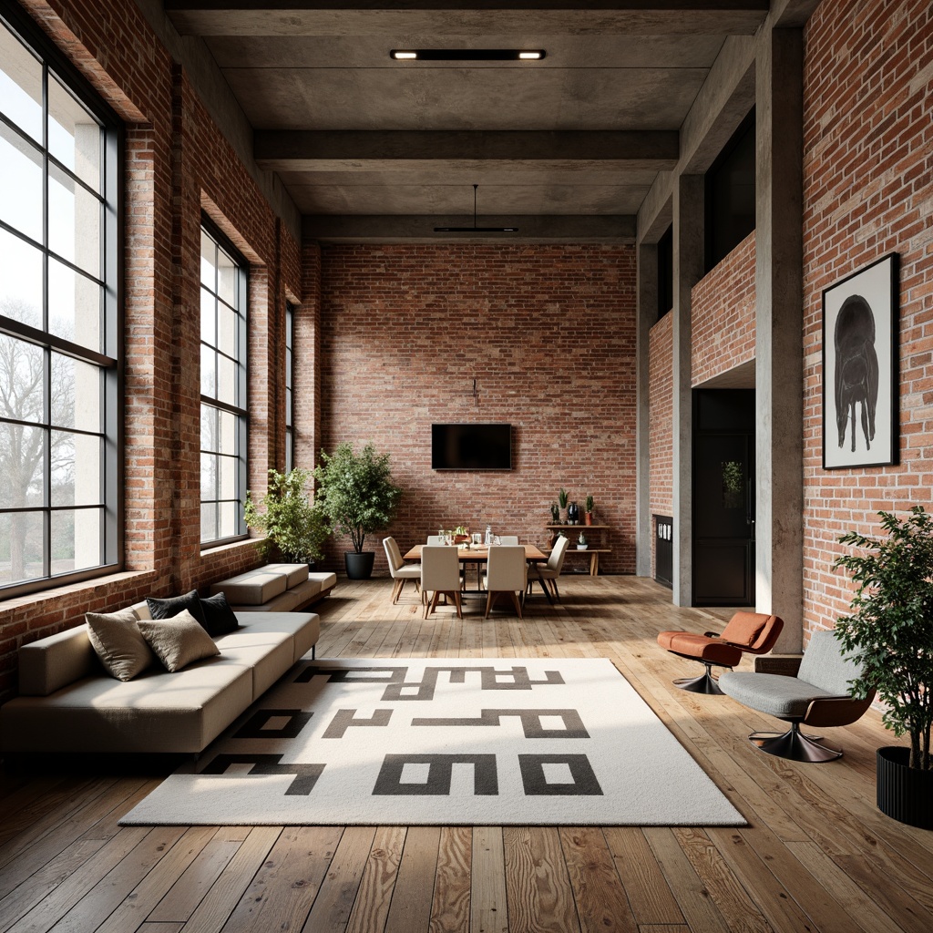 Prompt: Exposed brick walls, reclaimed wood floors, industrial metal beams, minimalist lighting fixtures, urban loft atmosphere, distressed finishes, open-plan layout, functional decor, neutral color palette, natural textures, modern furniture pieces, abstract artwork, geometric patterns, concrete columns, high ceilings, abundant natural light, warm tone color scheme, softbox lighting, 1/1 composition, shallow depth of field.