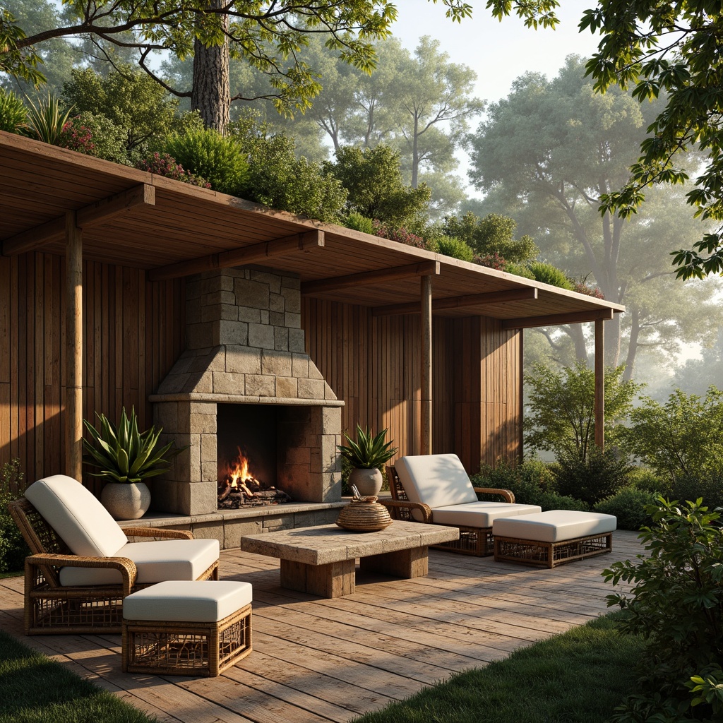 Prompt: Earth-toned cabin, reclaimed wood walls, natural stone fireplace, bamboo flooring, woven rattan furniture, living green roof, solar panels, rainwater harvesting system, organic garden, lush vegetation, misty morning light, soft warm atmosphere, shallow depth of field, 1/1 composition, realistic textures, ambient occlusion.