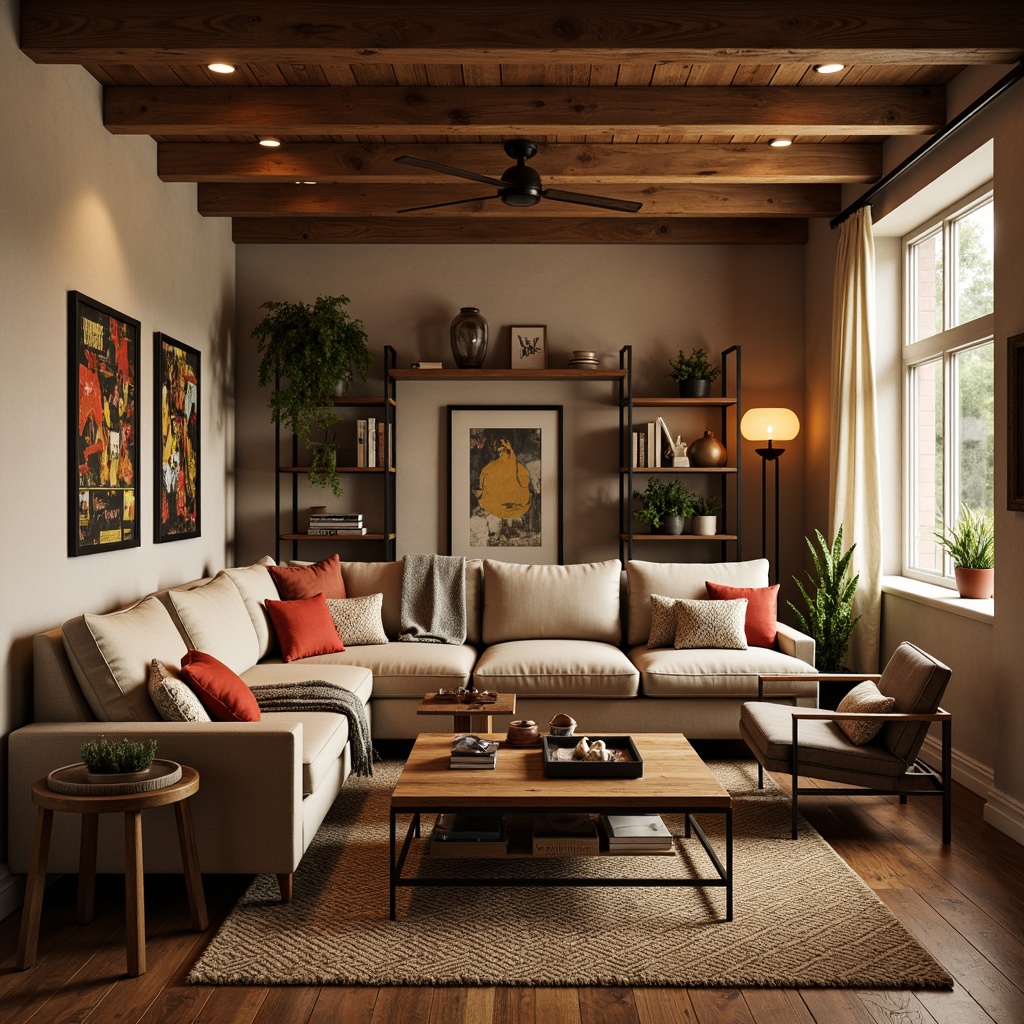 Prompt: Rustic game room, warm beige walls, rich wood accents, plush sectional sofas, vibrant accent pillows, reclaimed wooden coffee tables, industrial metal floor lamps, modern minimalist shelving units, decorative vintage posters, cozy throw blankets, natural fiber area rugs, soft ambient lighting, shallow depth of field, 1/1 composition, realistic textures, ambient occlusion.