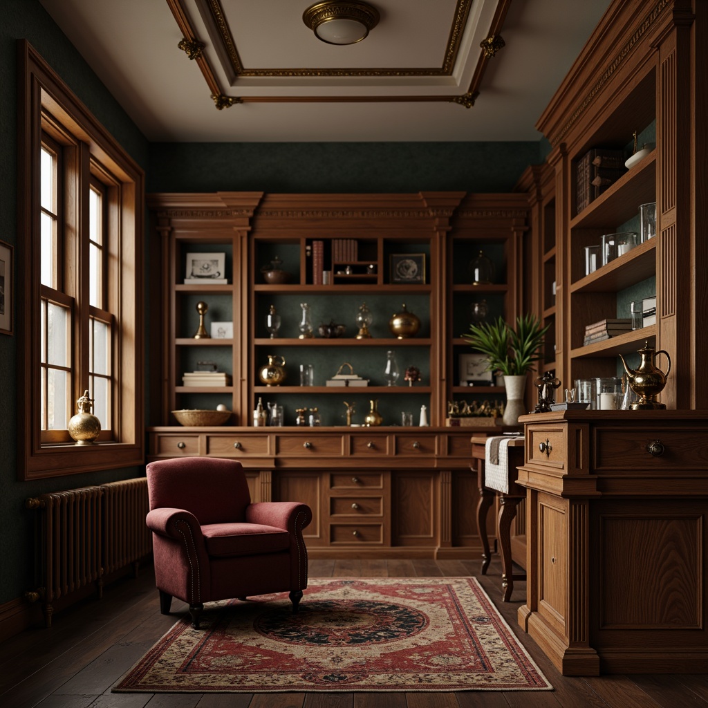 Prompt: Vintage laboratory furniture, rich wood tones, ornate metal details, antique scientific instruments, distressed leather upholstery, classic column legs, elegant curves, sophisticated cabinetry, luxurious velvet fabrics, subtle golden accents, soft warm lighting, shallow depth of field, 1/1 composition, realistic textures, ambient occlusion.