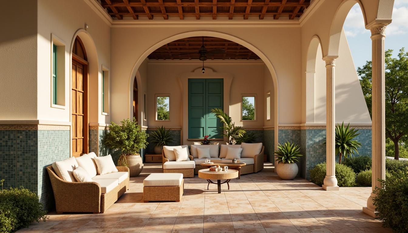 Prompt: Warm beige walls, soft cream accents, calming blue-green tiles, natural wood furniture, woven wicker details, elegant archways, ornate ironwork, earthy terracotta flooring, rustic stone columns, lush greenery, vibrant turquoise decorations, subtle golden lighting, warm sunny day, shallow depth of field, 1/1 composition, realistic textures, ambient occlusion.