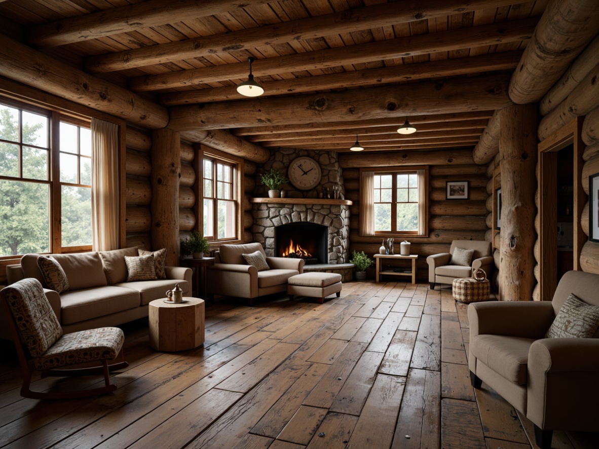 Prompt: Rustic cabin, wooden accents, distressed wood floors, earthy tones, natural stone walls, vintage furniture, cozy fireplace, warm ambient lighting, shallow depth of field, 1/1 composition, realistic textures, ambient occlusion.