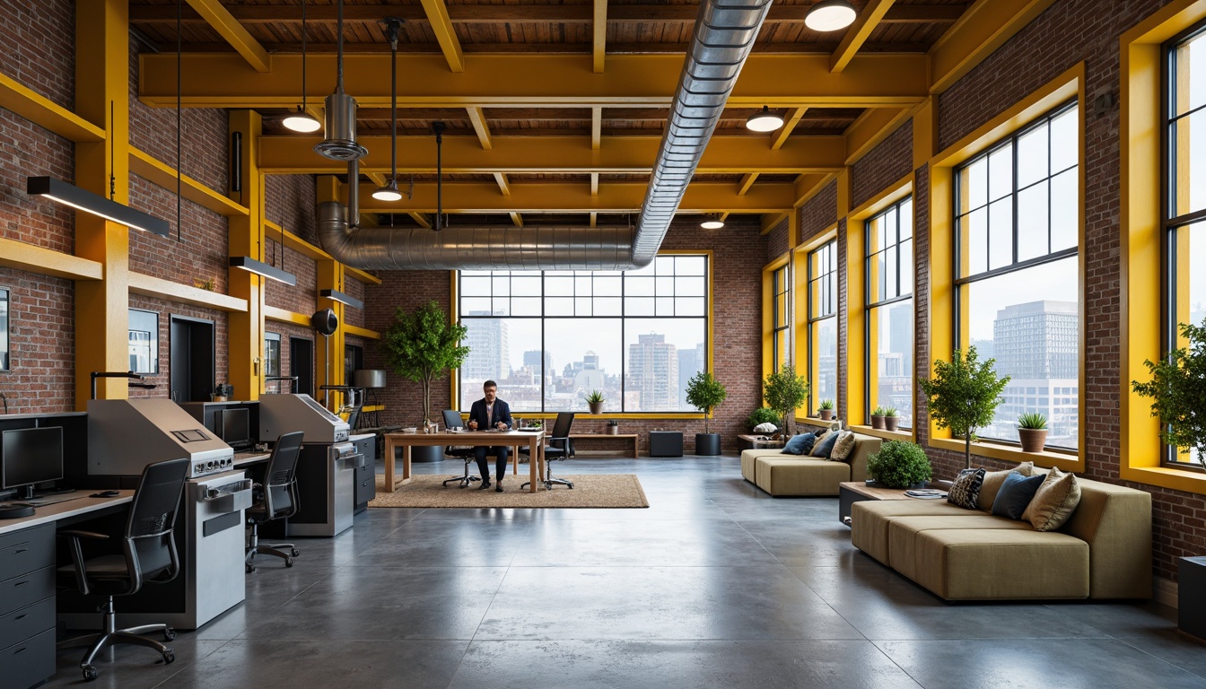 Prompt: Vibrant industrial setting, light yellow metal beams, exposed ductwork, polished concrete floors, minimalist decor, functional workstations, sleek machinery, industrial-style lighting fixtures, reclaimed wood accents, distressed brick walls, urban cityscape views, overcast skies, soft warm lighting, shallow depth of field, 1/1 composition, realistic textures, ambient occlusion.