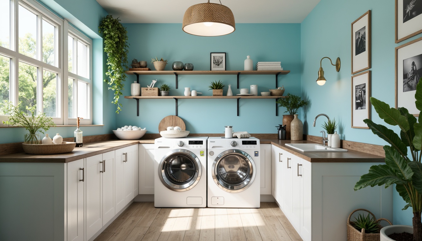 Prompt: Vibrant laundry room, pastel blue walls, crisp white cabinets, soft gray countertops, stainless steel appliances, natural wood accents, circular pendant lighting, warm beige floors, calming greenery, airy windows, bright task lighting, 3/4 composition, shallow depth of field, realistic textures, ambient occlusion.