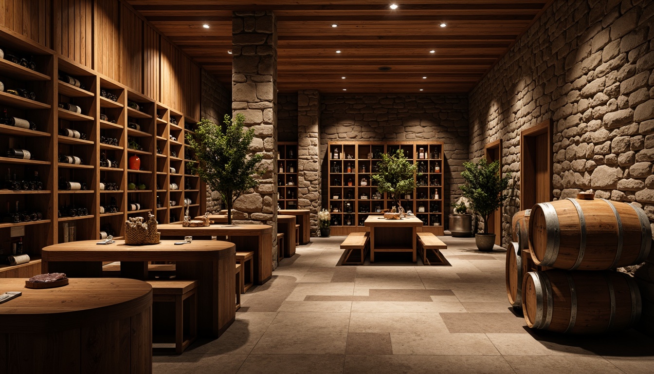 Prompt: Luxurious wine cellar, rich wood tones, stone walls, dimmed lighting, temperature-controlled environment, humidifier systems, rustic wooden crates, wine barrels, elegant glass racks, dark-stained hardwood flooring, polished concrete floors, textured natural stone tiles, ambient warm lighting, shallow depth of field, 1/1 composition, realistic reflections.