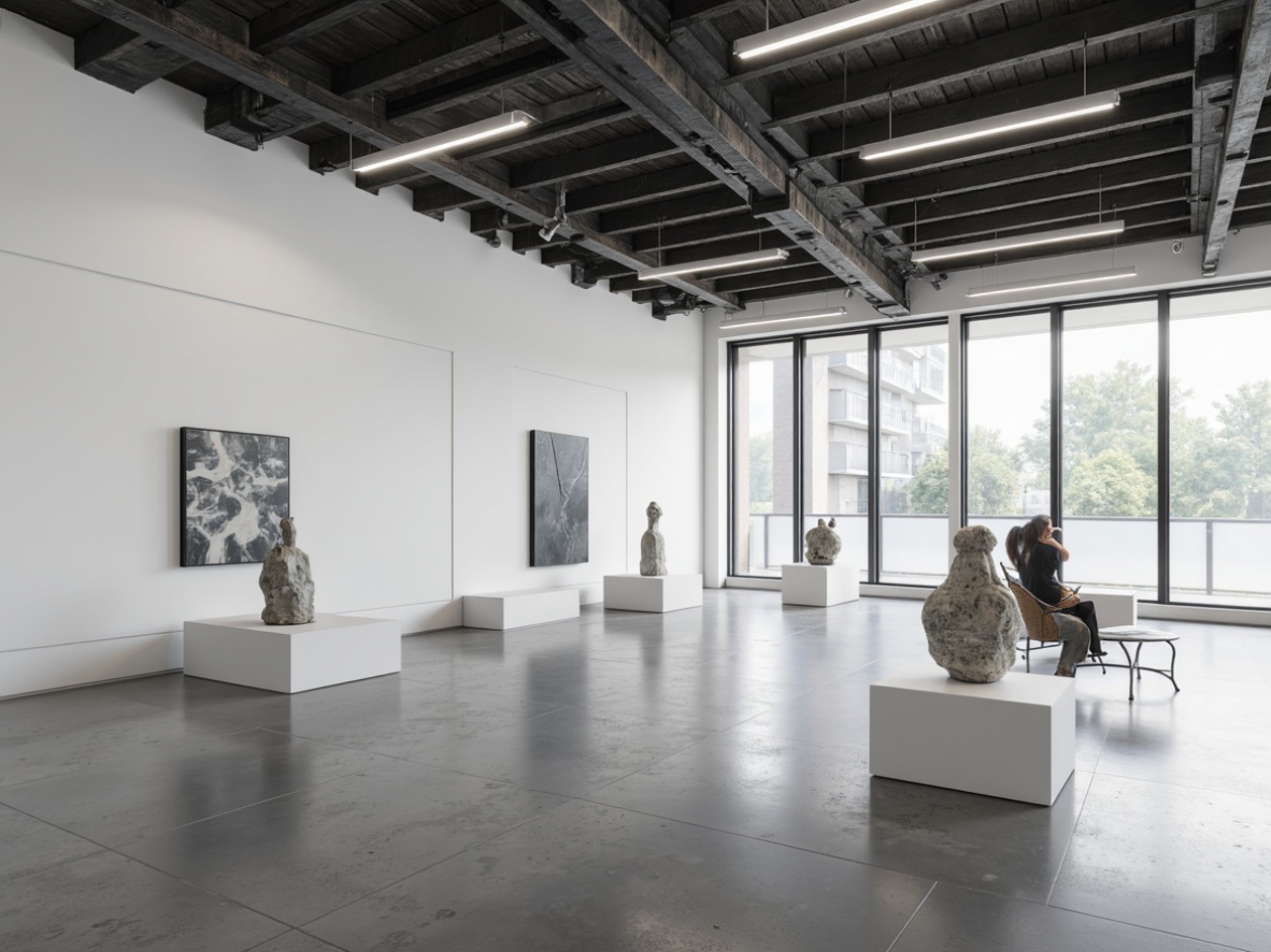 Prompt: Monochromatic gallery space, polished concrete floors, white walls, minimal ornamentation, rectangular exhibition spaces, LED track lighting, suspended ceilings, industrial steel beams, reclaimed wood accents, matte black metal frames, frosted glass partitions, geometric sculptures, abstract artwork, subtle texture contrasts, natural light pouring in, soft shadows, 1/1 composition, high-contrast color scheme, atmospheric misting system.