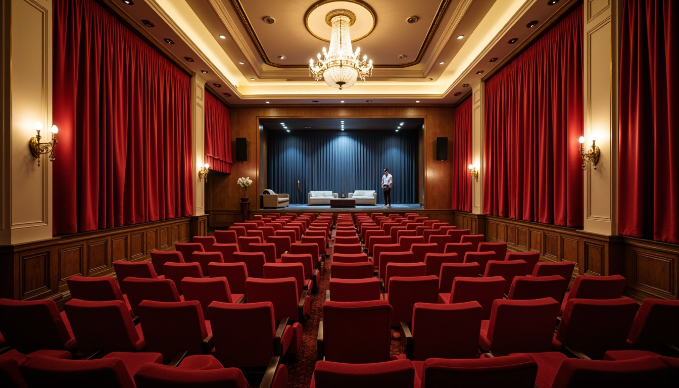 Prompt: Rich velvet curtains, warm golden lighting, luxurious dark wood accents, soft cream-colored walls, plush red theater seats, elegant chandeliers, subtle metallic trim, sophisticated neutral tones, calming blue undertones, dramatic spotlights, cinematic atmosphere, 3/4 composition, shallow depth of field, realistic textures, ambient occlusion.