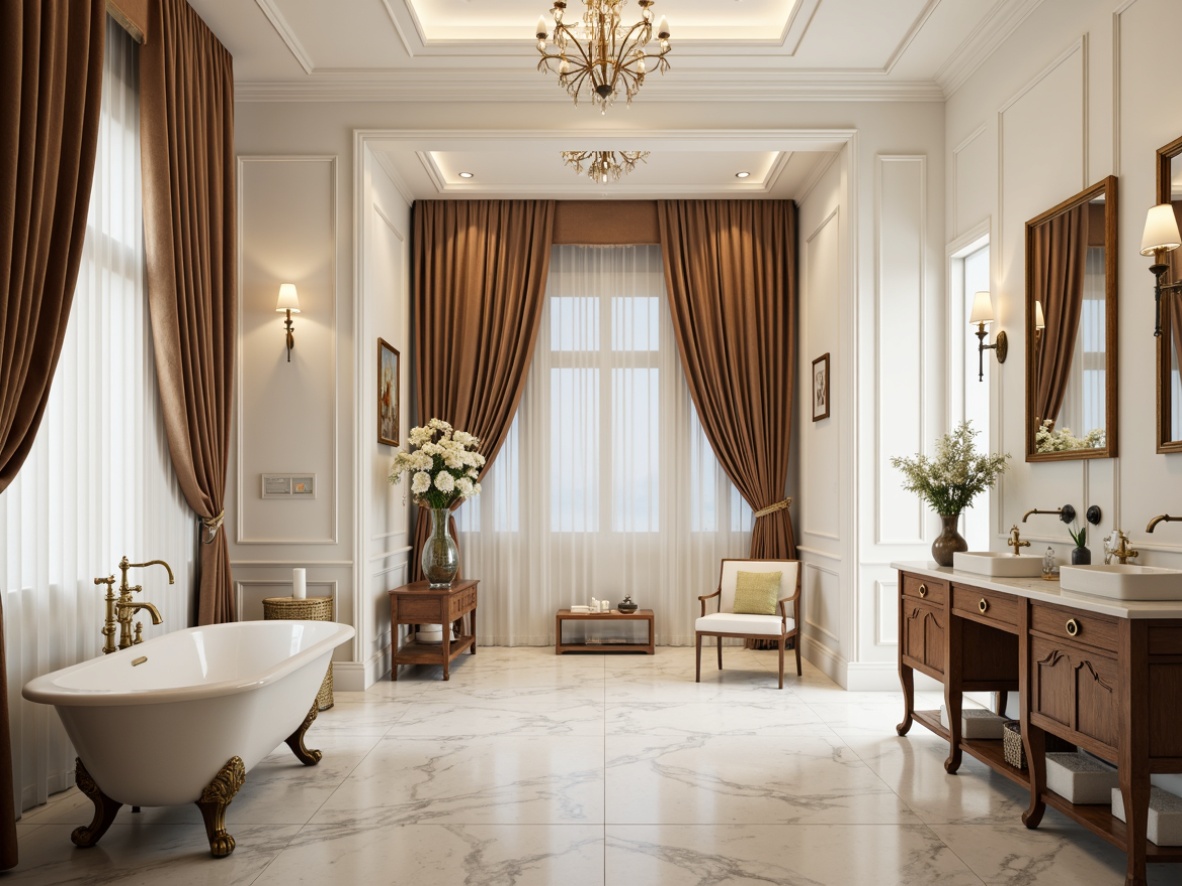 Prompt: Elegant bathroom, Carrara marble countertops, creamy white walls, ornate gold fixtures, crystal chandelier, freestanding tub, velvet drapes, wooden vanity, antique bronze hardware, soft warm lighting, 1/2 composition, shallow depth of field, realistic textures, ambient occlusion.