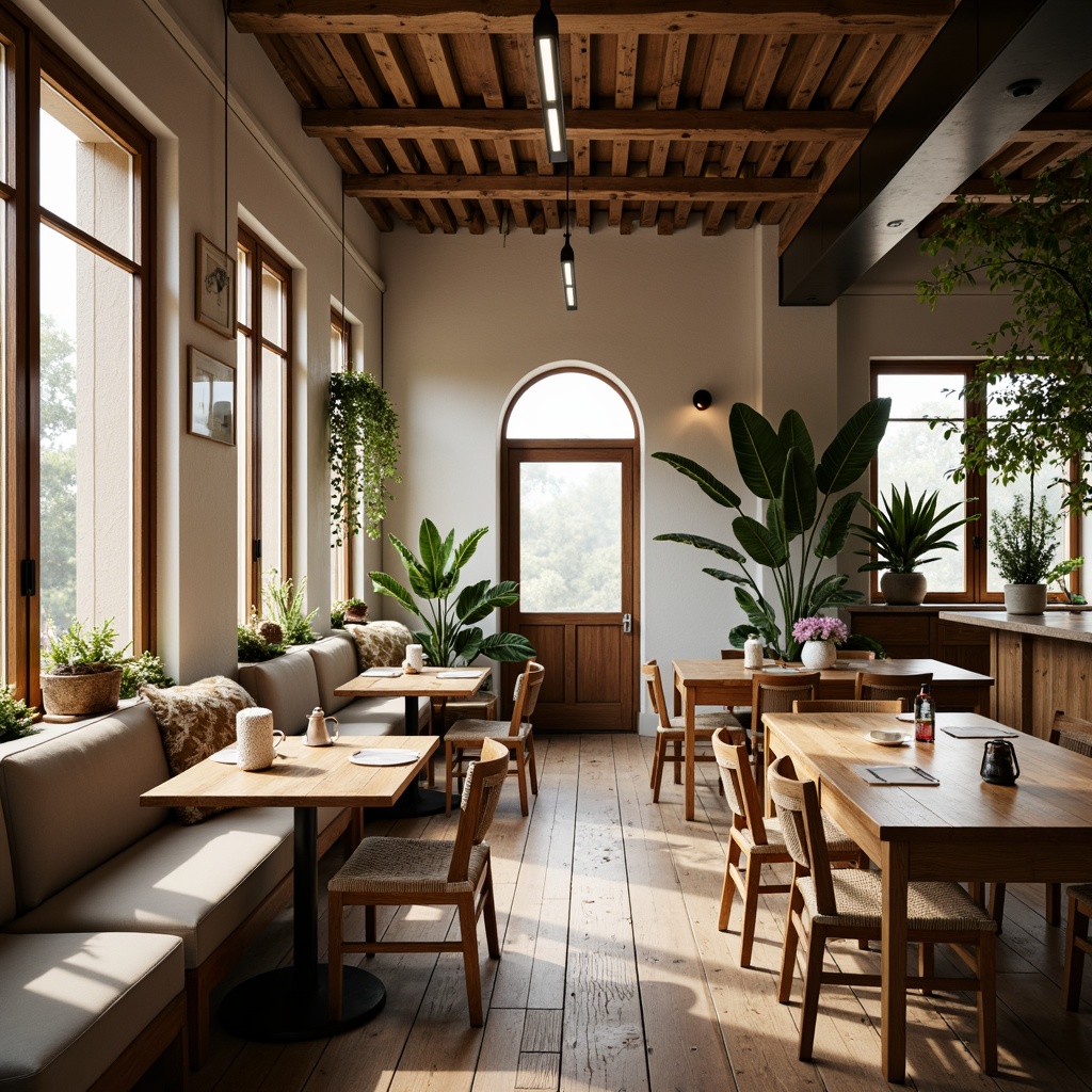 Prompt: Cozy Scandinavian restaurant, warm wooden accents, minimal ornamentation, light-filled interior, natural textiles, woven baskets, rustic wood tables, comfortable cushioned chairs, industrial metal lighting fixtures, reclaimed wood flooring, earthy color palette, lush greenery, potted plants, soft warm lighting, shallow depth of field, 1/2 composition, realistic textures, ambient occlusion.