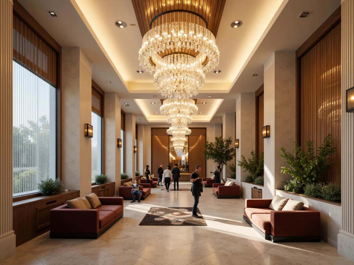 Prompt: Modern luxury interior, elegant chandeliers, sleek pendant lights, warm ambient glow, soft LED strips, cozy recessed lighting, polished metal fixtures, crystal droplets, opulent gold accents, lavish marble floors, plush velvet sofas, rich wood paneling, dramatic ceiling heights, sophisticated color schemes, creamy white walls, subtle texture contrasts, 1/1 composition, shallow depth of field, warm inviting atmosphere.