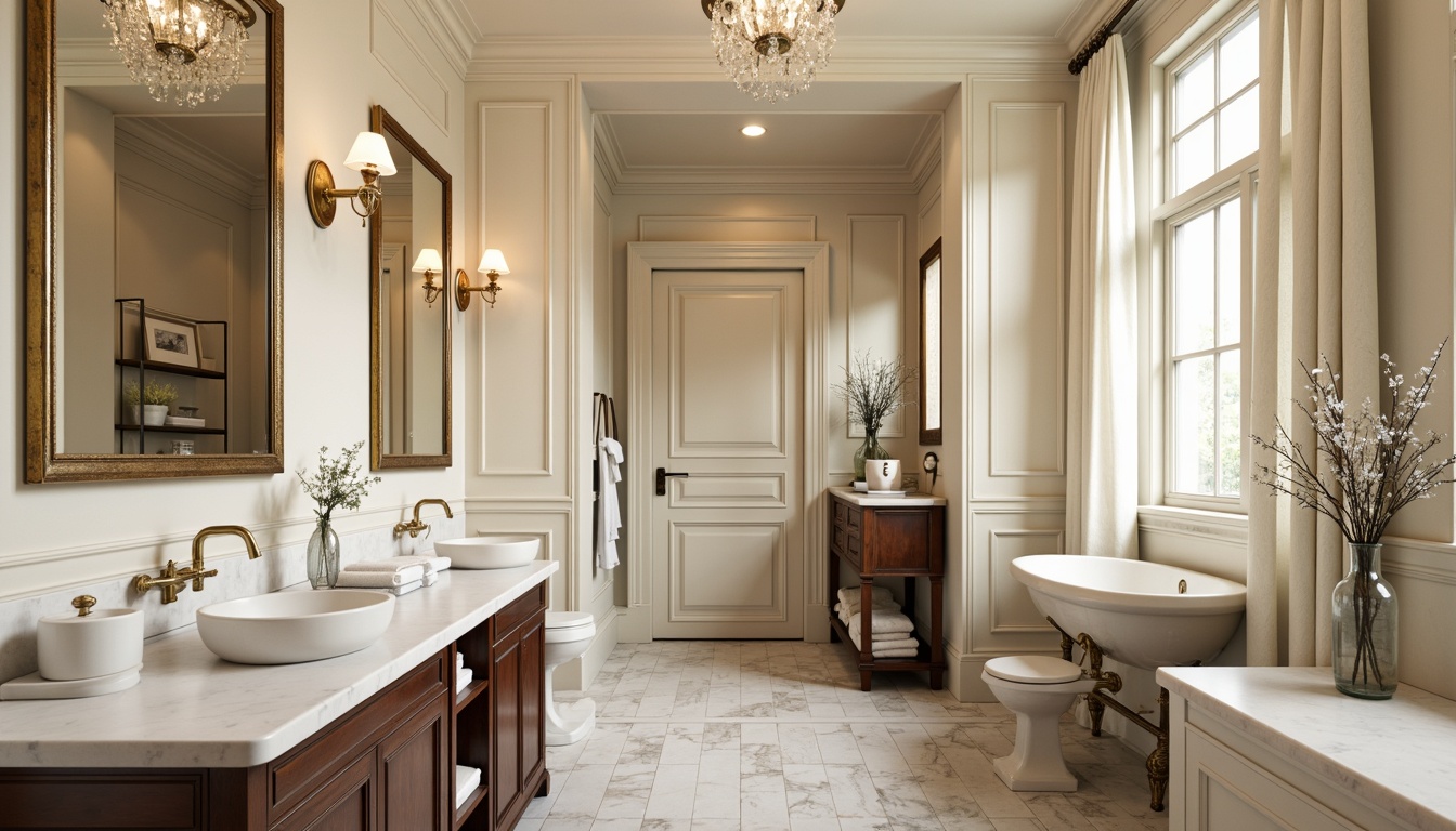 Prompt: Elegant bathroom, white Carrara marble countertops, ornate golden faucets, crystal chandeliers, soft cream-colored walls, rich wood cabinetry, polished chrome fixtures, natural stone flooring, classic pedestal sinks, ornamental mirrors, subtle texture contrasts, warm beige tones, ambient lighting, shallow depth of field, 1/1 composition, realistic reflections, sophisticated atmosphere.