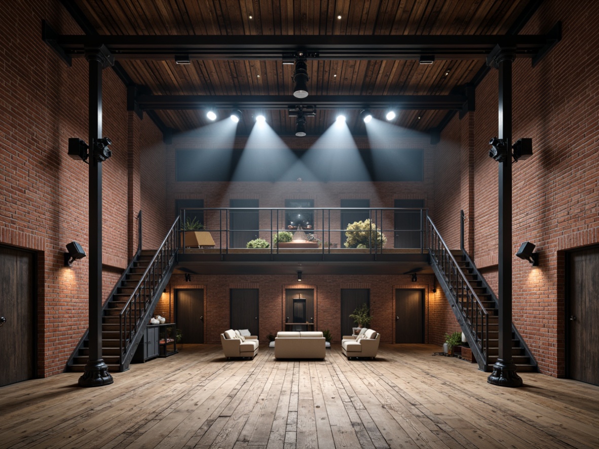 Prompt: Exposed brick walls, industrial metal beams, dimmable stage lights, catwalks, rigging systems, mechanical pulleys, distressed wooden floors, metallic staircases, vintage machinery, reclaimed wood accents, urban loft atmosphere, dramatic spotlights, high ceilings, open floor plans, functional props, steel doors, concrete textures, cinematic lighting effects, 1/1 composition, low-angle shots, gritty realistic renderings.