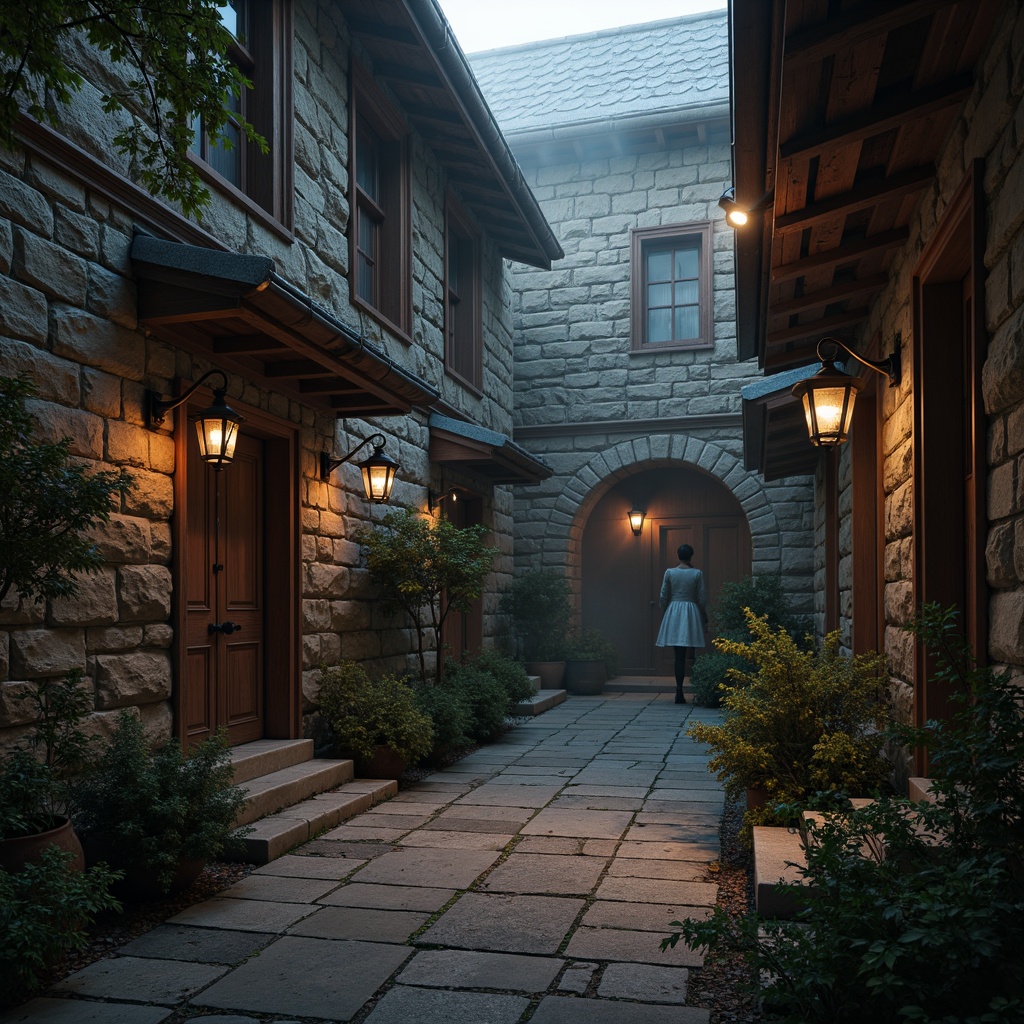 Prompt: Rough stone walls, medieval-inspired architecture, rustic wooden accents, worn brick textures, aged copper trims, ornate metal lanterns, mysterious torch lighting, foggy atmosphere, cinematic mood, dramatic shadows, high contrast ratio, 1/1 composition, realistic normal maps, ambient occlusion.