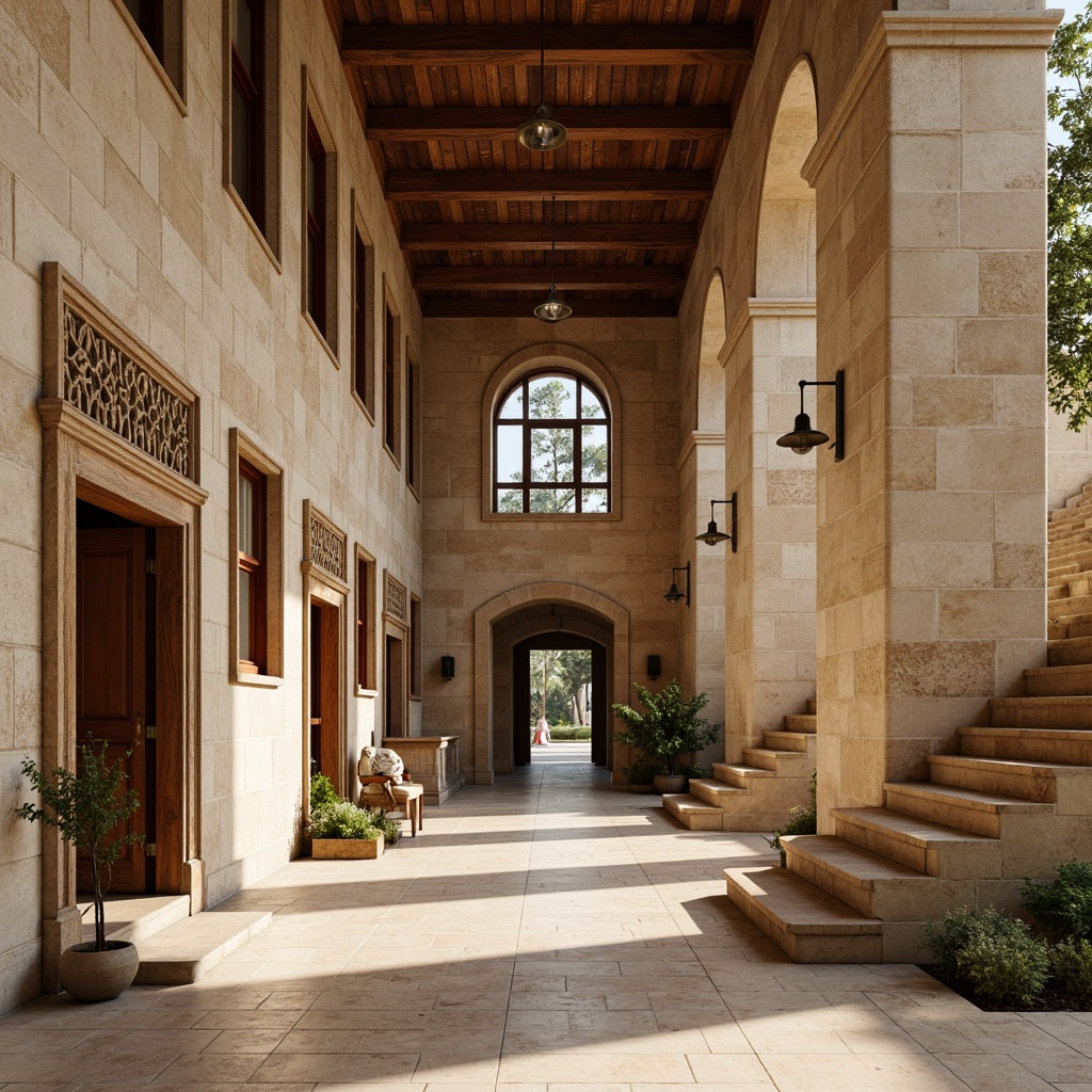 Prompt: Rustic youth center, classical architecture, textured stone walls, ornate columns, carved wooden doors, grand entrance halls, sweeping staircases, vaulted ceilings, warm beige colors, rich wood tones, intricate moldings, subtle lighting, soft shadows, 1/1 composition, realistic textures, ambient occlusion.