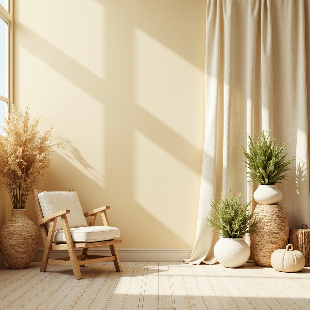 Prompt: Soft warm light yellow tones, creamy whites, pale gold accents, gentle beige backgrounds, subtle orange undertones, calming mint green highlights, delicate peach blushes, natural linen textures, rustic wooden elements, vintage distressed finishes, cozy atmospheric lighting, shallow depth of field, 1/1 composition, realistic renderings, ambient occlusion.