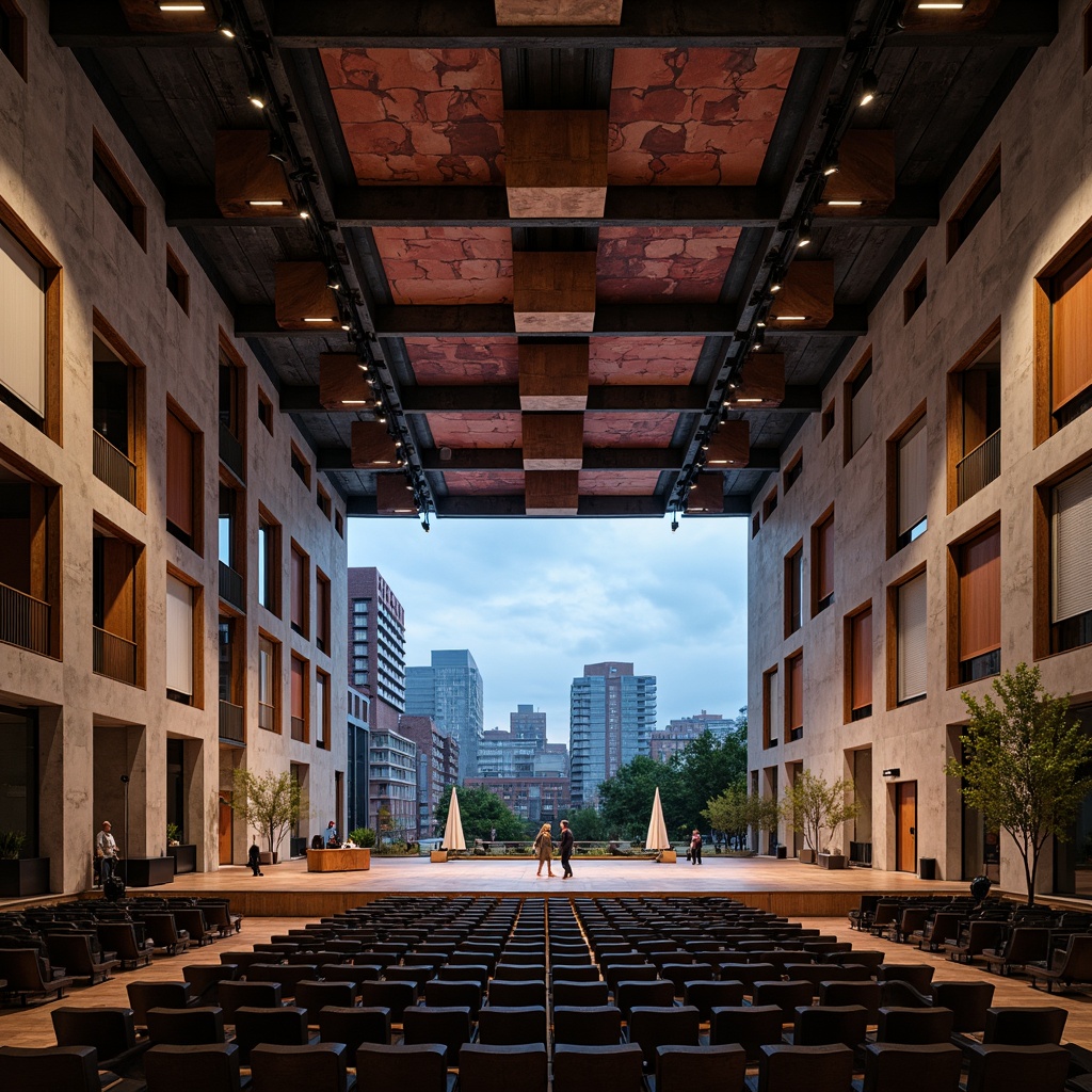 Prompt: Rugged performing arts center, brutalist architecture, exposed concrete walls, industrial metal beams, raw wooden accents, sound-absorbing acoustic panels, irregular geometric shapes, bold color contrasts, dramatic spotlights, atmospheric misting systems, urban cityscape backdrop, rainy day ambiance, high-contrast lighting, shallow depth of field, 1/1 composition, realistic textures, ambient occlusion.