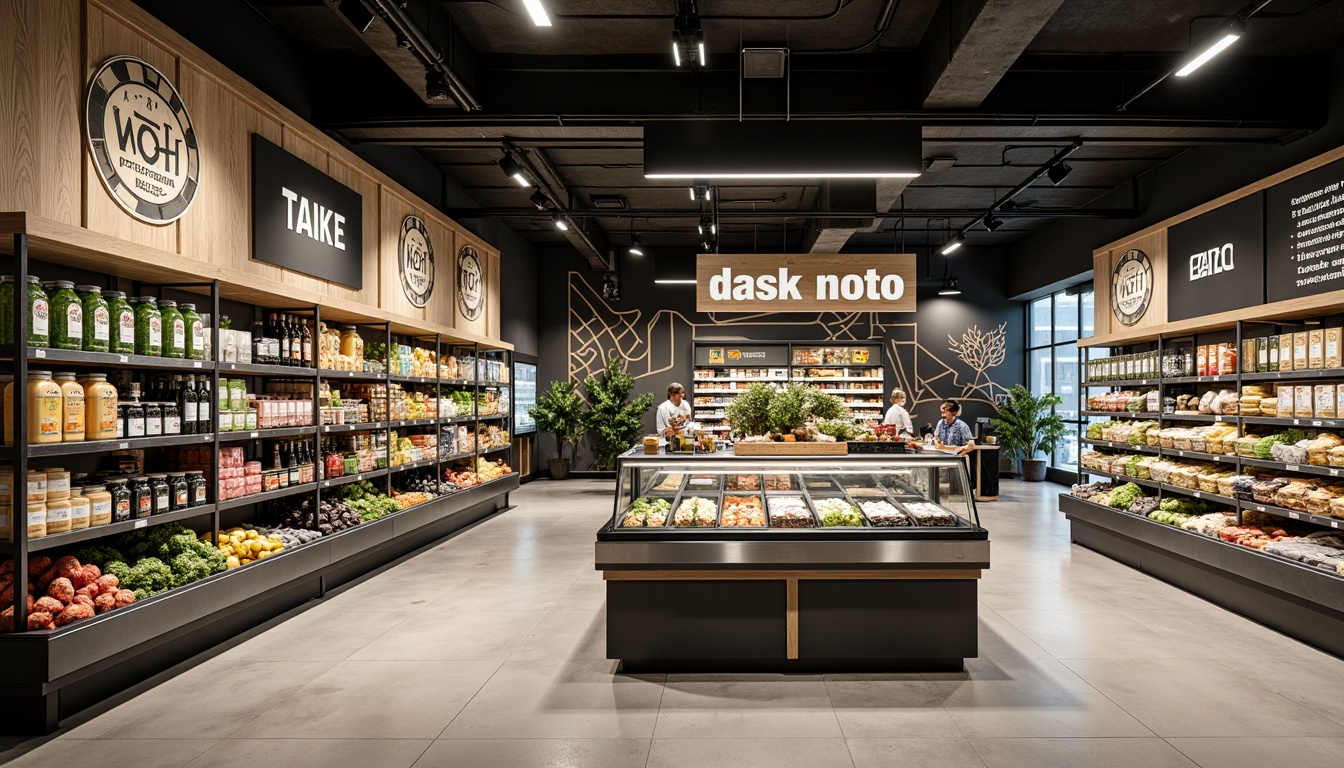 Prompt: Modern grocery store interior, sleek signage, minimalist typography, neutral color palette, industrial metal shelves, polished concrete floors, recessed lighting, geometric patterns, streamlined checkout counters, LED price displays, eco-friendly packaging, organic produce stands, rustic wood accents, urban loft-inspired atmosphere, soft natural light, shallow depth of field, 1/1 composition, realistic textures, ambient occlusion.