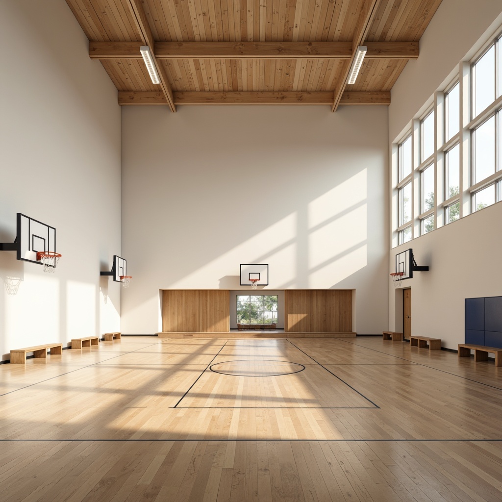 Prompt: Simple gymnasium interior, natural light pouring in, minimalistic design, plain white walls, polished wooden floors, modern sports equipment, basketball hoops, athletic tracks, minimalist benches, subtle color scheme, soft warm lighting, shallow depth of field, 1/1 composition, realistic textures, ambient occlusion.