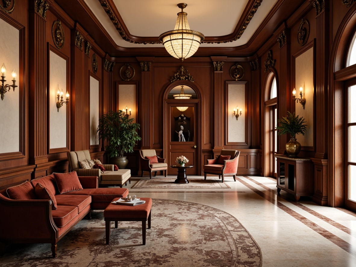 Prompt: Elegant classical interior, ornate moldings, rich wood tones, polished marble floors, crystal chandeliers, velvet upholstery, gilded accents, intricate carvings, luxurious fabrics, soft warm lighting, subtle texture contrasts, 3/4 composition, shallow depth of field, realistic reflections, ambient occlusion.